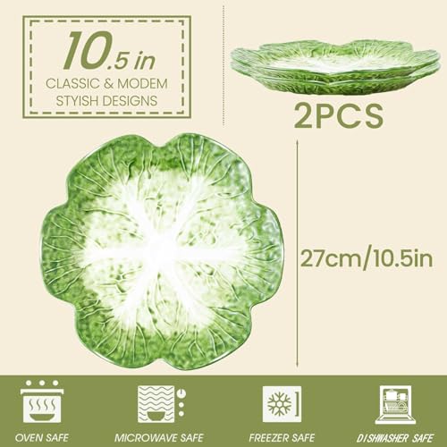 KXZ 2 Pcs of Cabbage Plates, Green Ceramic Salad Plate, 10.5 Inch Porcelain Decorative Plates for Kitchen, Round dishware for Dessert, Decorative, Dinner, Pancakes, Microwave & Dishwasher Safe - Image 2