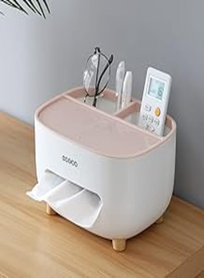 ECOCO Tissue Box Cover Holder with Storage, Napkin Tissue Box, Multi-Function Tissue Box ABS Material Storage Organizer Caddy for Bathroom, Bedroom and Office, Pink