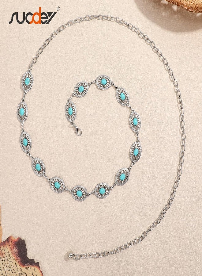 سوزدي أحزمة سلسلة غربية من SUOSDEY للنساء، أحزمة رعاة البقر مزينة بزخارف كونشو ريفية باللون الفيروزي، حزام خصر أنيق للفساتين والجينز - Image 4