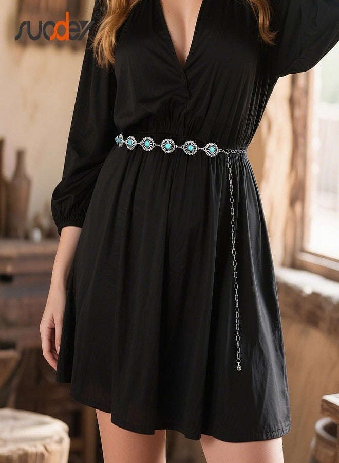 سوزدي أحزمة سلسلة غربية من SUOSDEY للنساء، أحزمة رعاة البقر مزينة بزخارف كونشو ريفية باللون الفيروزي، حزام خصر أنيق للفساتين والجينز - Image 2