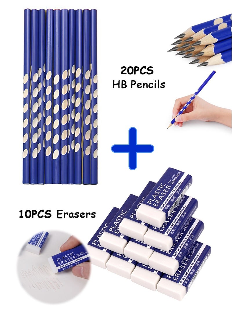 TAPIT 20PCS HB Pencils with 10PCS 2B Erasers Set, Wooden HB Pencil, Children's Grip Posture Correction Hole Pencil, 2B Rubber Eraser, Pencil Eraser Set for School, Home Office, Sketching, Painting and Art - Image 1