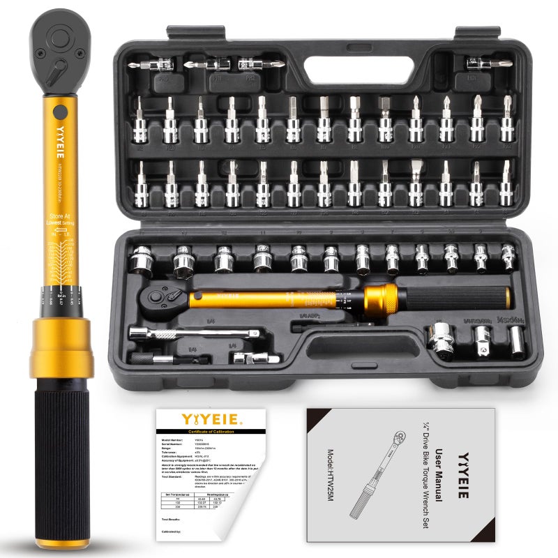 YIYEIE مجموعة مفاتيح عزم الدوران للدراجات YIYEIE 50 قطعة، 1/4 بوصة، 10-230 IN.LB (1-26.0 Nm)، مفتاح عزم الدوران بنقرة إنش مع مقابس بت، 0.1 Nm ميكرو، محول 3/8، مجموعة أدوات دراجات احترافية لـ MTB - Image 1