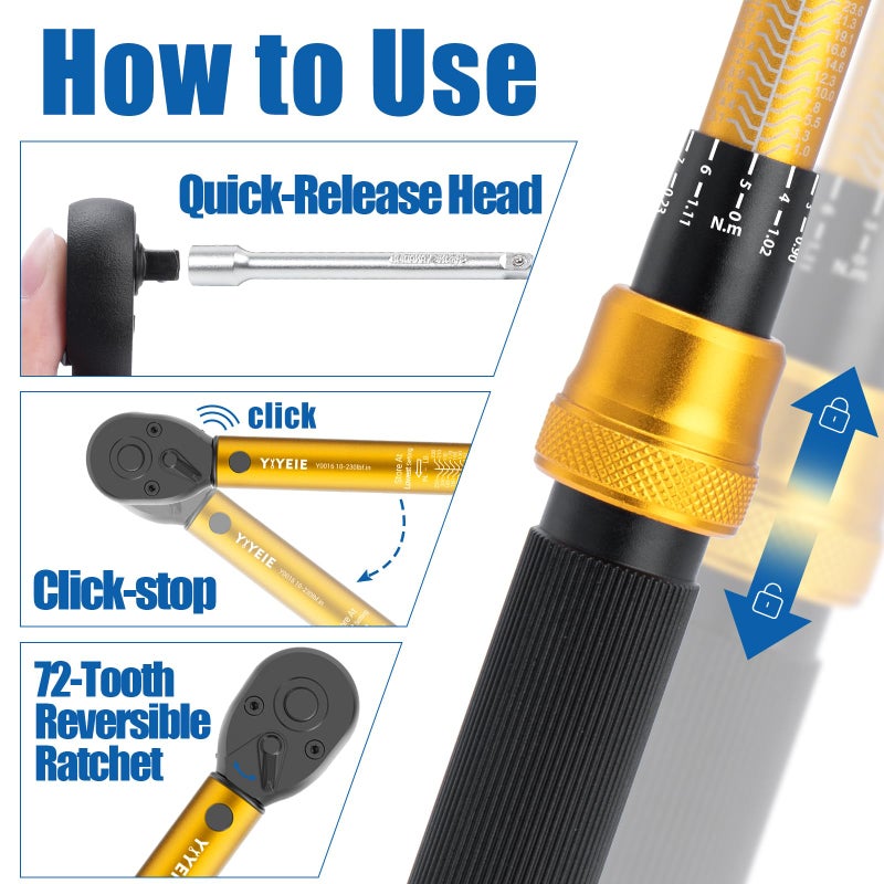 YIYEIE مجموعة مفاتيح عزم الدوران للدراجات YIYEIE 50 قطعة، 1/4 بوصة، 10-230 IN.LB (1-26.0 Nm)، مفتاح عزم الدوران بنقرة إنش مع مقابس بت، 0.1 Nm ميكرو، محول 3/8، مجموعة أدوات دراجات احترافية لـ MTB - Image 4