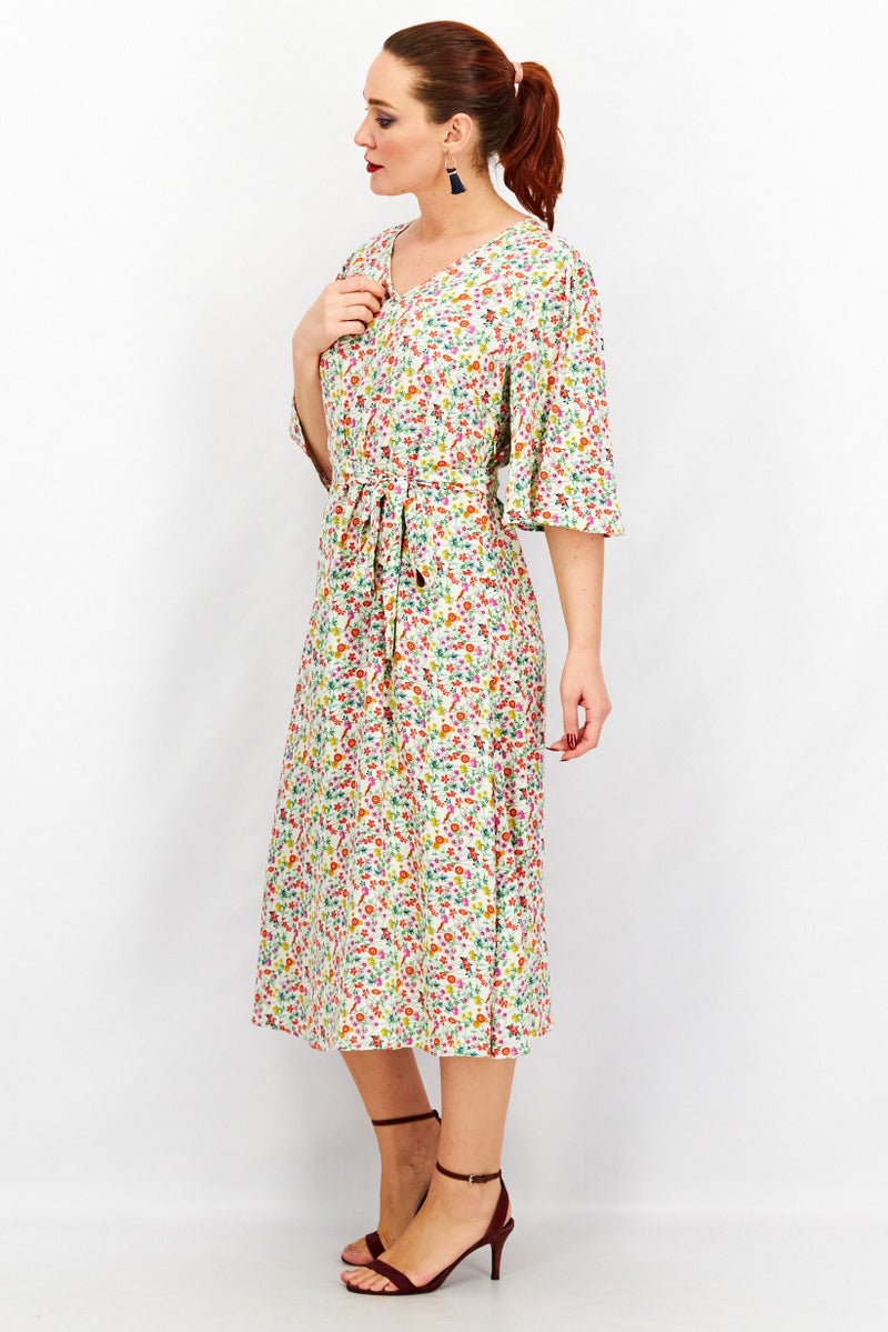 Tchibo Women Floral Print Belted Midi Dress, Green Combo - Image 2