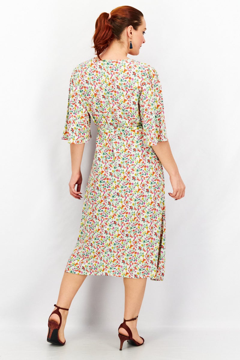 Tchibo Women Floral Print Belted Midi Dress, Green Combo - Image 3