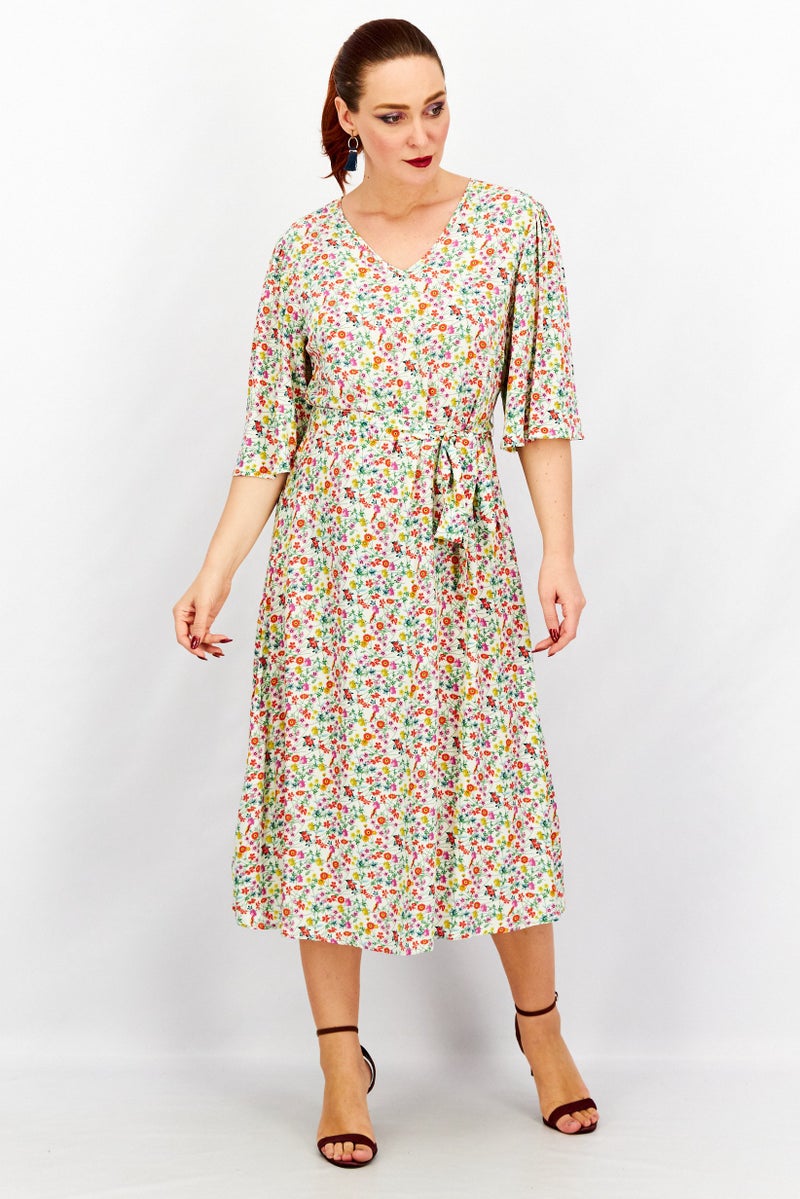 Tchibo Women Floral Print Belted Midi Dress, Green Combo - Image 1