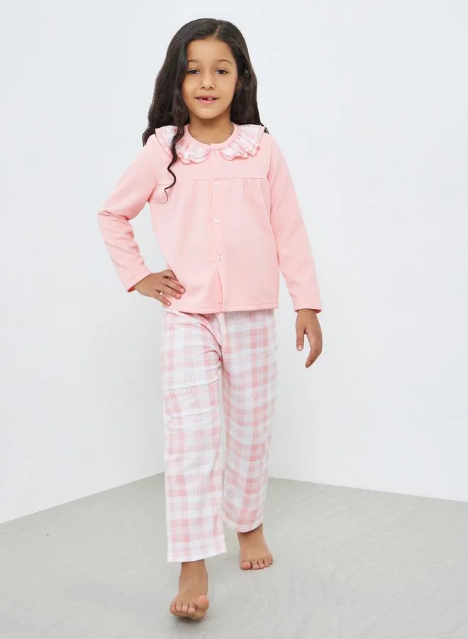 Styli Girls Pink Checkered Long Sleeve Top and Pyjama Set