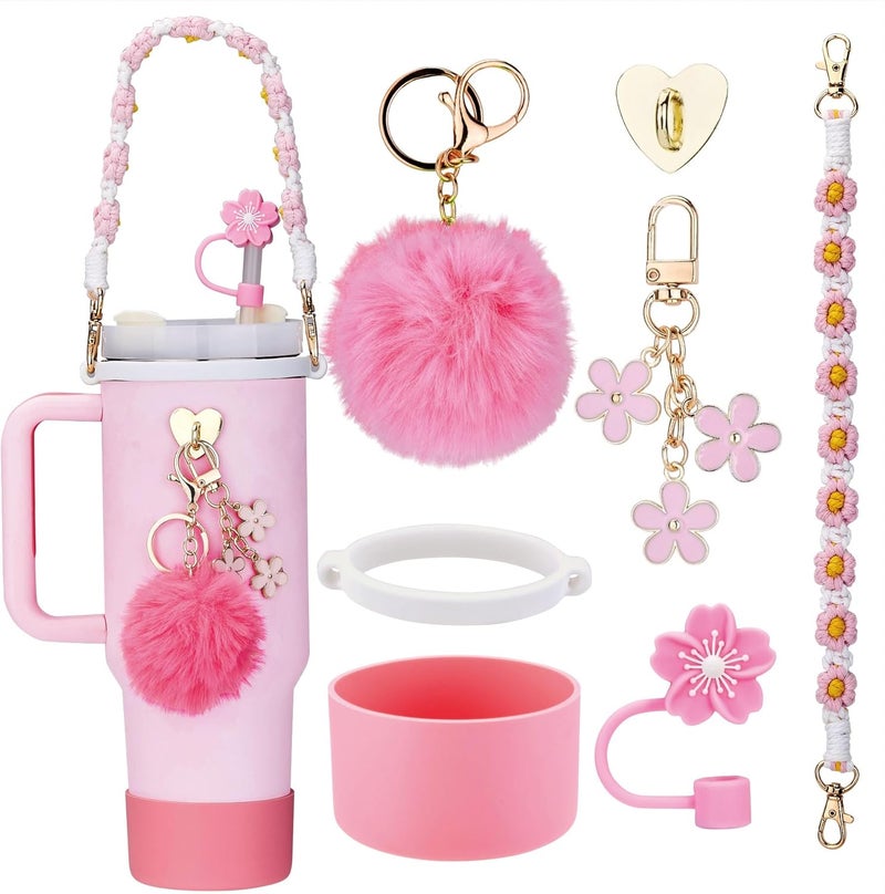Rhewatin Accessories for Stanley Cup 40oz Tumbler, Charms, Strap, Silicone Boot, Straw Cover, Pink - Image 1