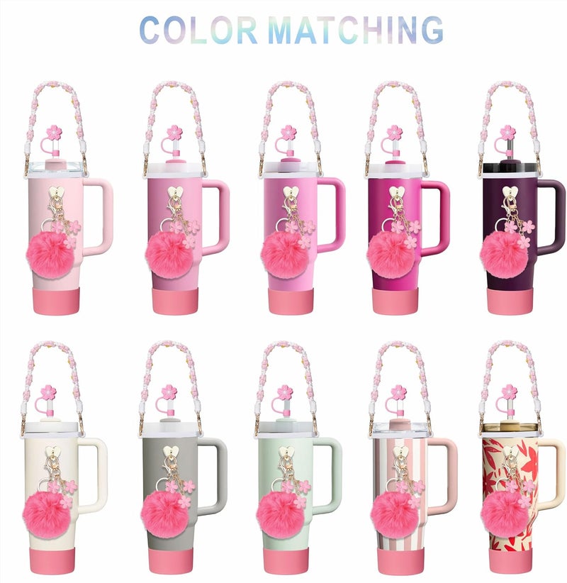 Rhewatin Accessories for Stanley Cup 40oz Tumbler, Charms, Strap, Silicone Boot, Straw Cover, Pink - Image 2