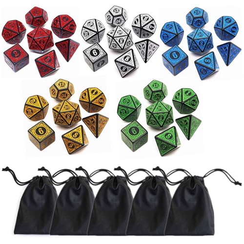 CREEBUY Polyhedral DND Dice Set 5 Pack Dice Sets Fit for Dungeons and Dragons DD RPG Games 7Die Polyhedral Dice with Vintage Pattern 35 Pieces 5 Colors with White - Image 1