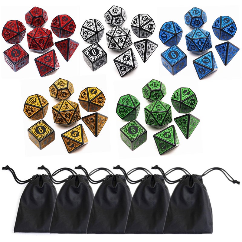 CREEBUY Polyhedral DND Dice Set 5 Pack Dice Sets Fit for Dungeons and Dragons DD RPG Games 7Die Polyhedral Dice with Vintage Pattern 35 Pieces 5 Colors with White - Image 3