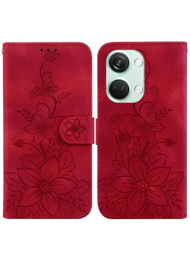HuHa Case Cover For For OnePlus Nord 3 Lily Embossed Leather Phone Case(Red) 