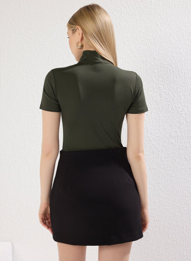 trendyol Khaki Knitted Bodysuit with Stand Collar and Zipper - Stretchy and Snap Fastener, Short Sleeve - Image 4