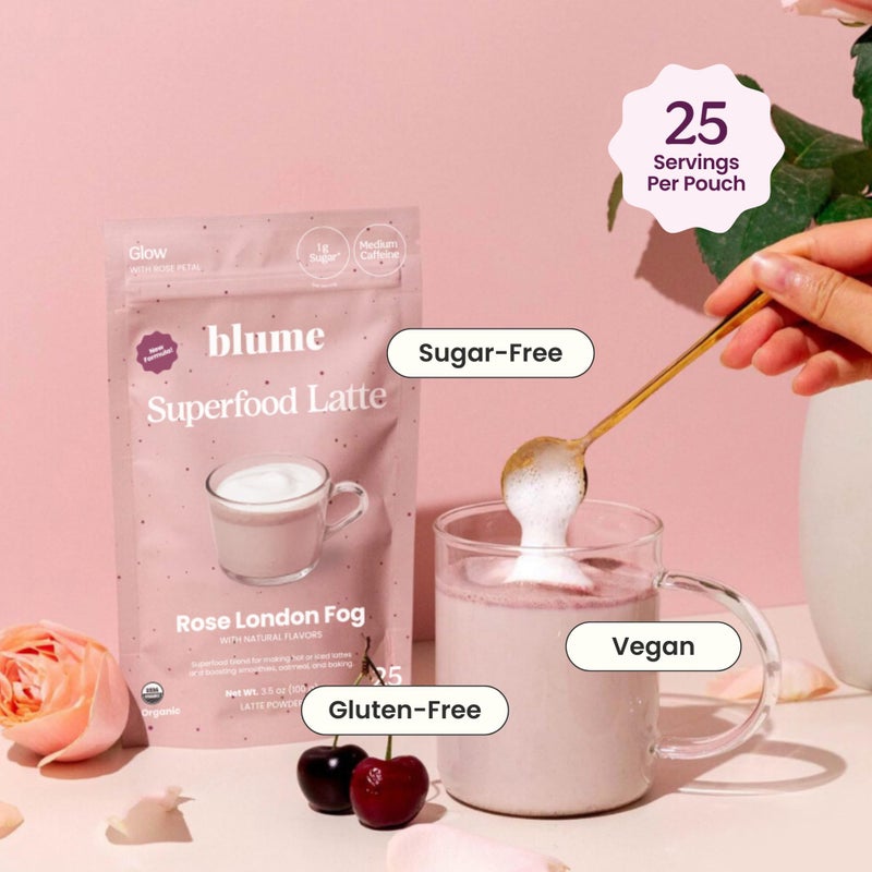 Blume Organic Rose London Fog Earl Grey Tea | Decaf Black Tea, Rose Petal Powder, Vanilla, Tart Cherry, and Bergamot | Plant Based Superfood Latte | Vegan Gluten Free Drink | 25 Servings - Image 3