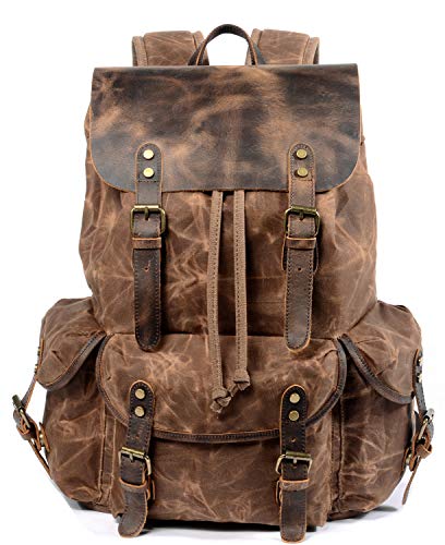 WUDON Leather Backpack for Men, Waxed Canvas Shoulder Rucksack Carry-On Travel Backpack - Image 1
