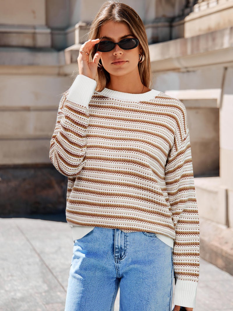 Glamaker Womens Sweaters Striped 2025 Fall Trendy Casual Long Sleeve Sweater Knit Jumper Tops Outfits Clothes(White Coffee L) - Image 5