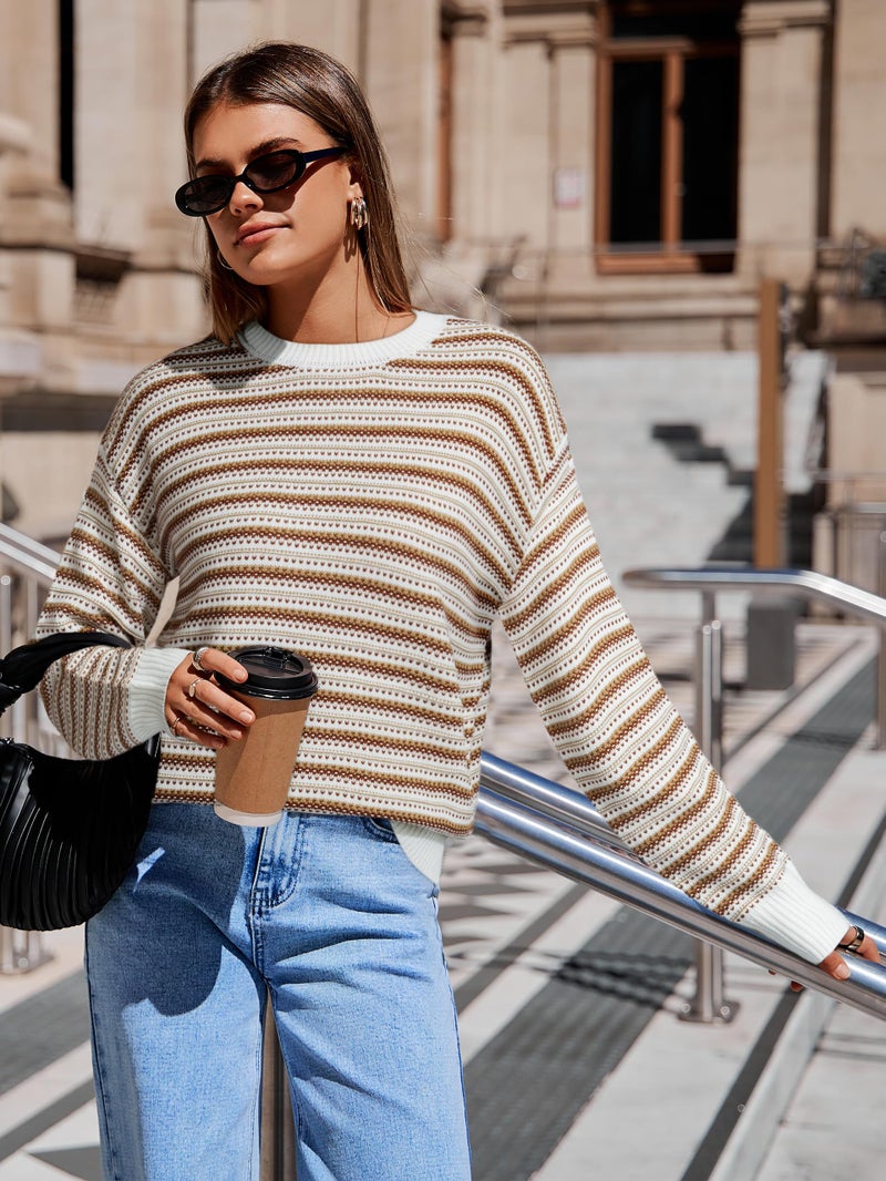 Glamaker Womens Sweaters Striped 2025 Fall Trendy Casual Long Sleeve Sweater Knit Jumper Tops Outfits Clothes(White Coffee L) - Image 2