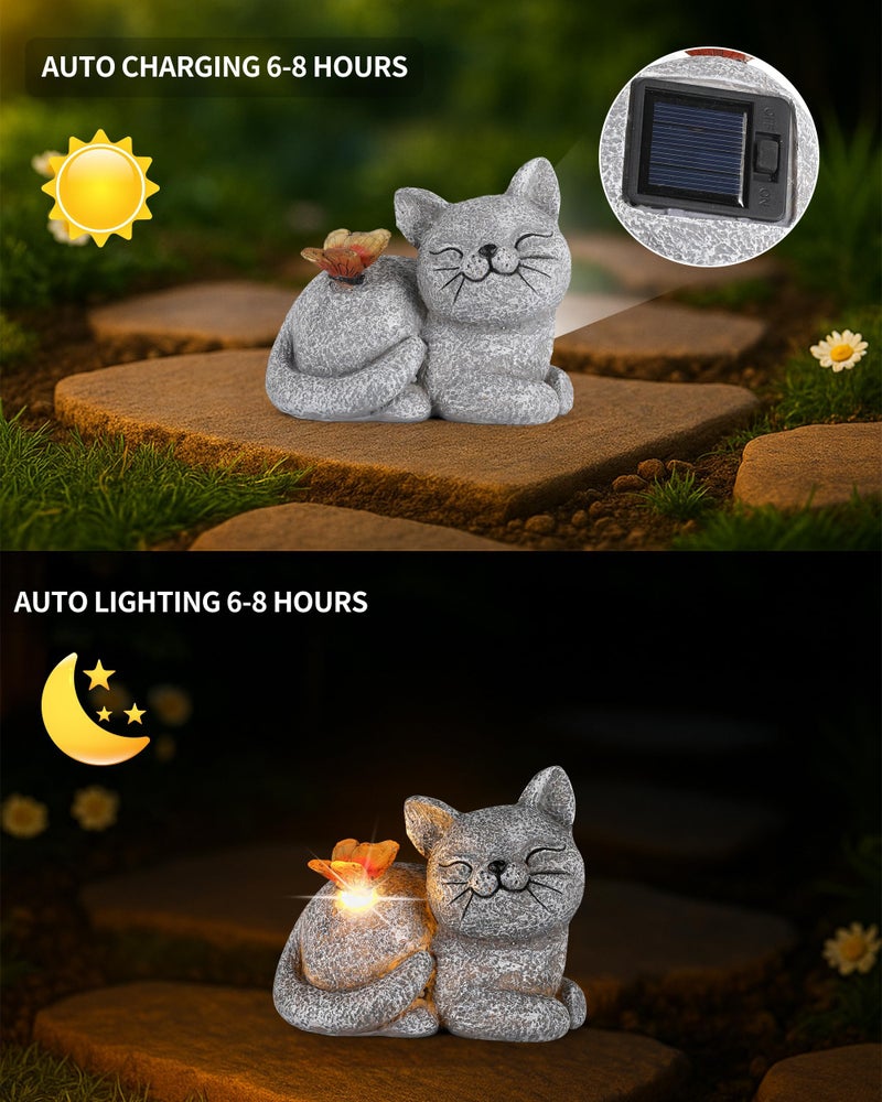GoGnome Solar Cat Garden Statue with Butterfly Light â€“ 5-Inch Outdoor Resin Figurine for Yard, Patio, Balcony â€“ Gifts for Women, Garden Decor Accent (Cat) - Image 2