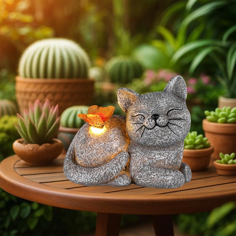 GoGnome Solar Cat Garden Statue with Butterfly Light â€“ 5-Inch Outdoor Resin Figurine for Yard, Patio, Balcony â€“ Gifts for Women, Garden Decor Accent (Cat) - Image 1