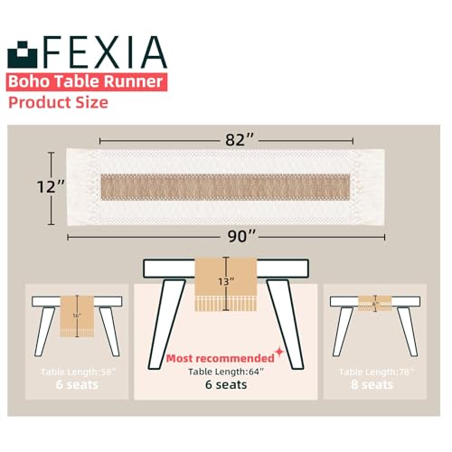 Fexia Boho Table Runner for Thanksgiving Home Decor with Tassels 90 Inch Cream & Brown Macrame Runner for Dining & Bedroom Baby Bridal Shower Decor(12x90 Inches) - Image 2