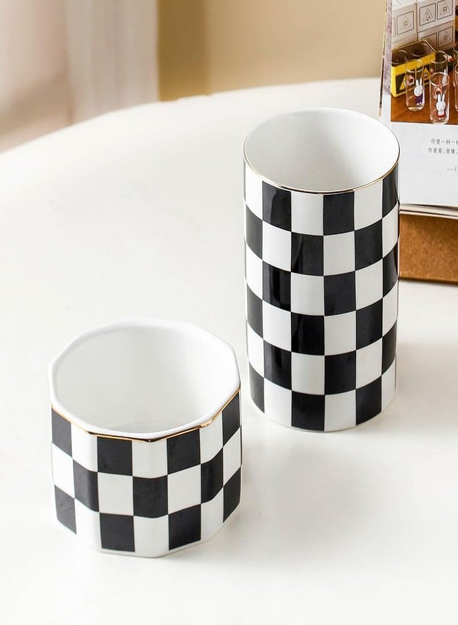 YOSCO Aesthetic Desk Organizer Set of 2 For Office, Pen Holder and Paper Clip Holder Dispenser, Checkered Ceramic Cute Pencil Cup Pot, Desktop Accessories, Office Decor, Ideal Gifts (Black) - Image 3