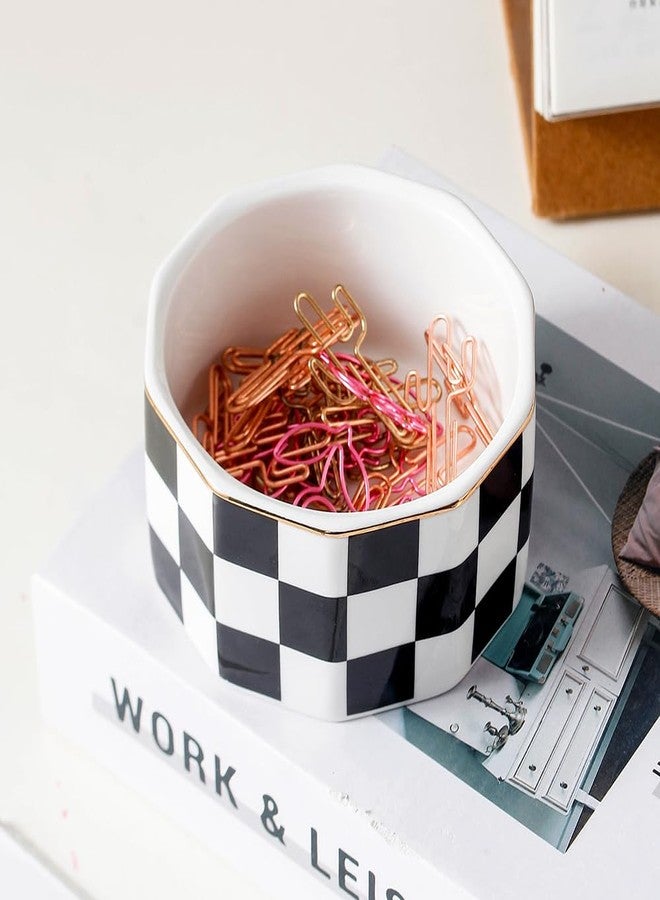 YOSCO Aesthetic Desk Organizer Set of 2 For Office, Pen Holder and Paper Clip Holder Dispenser, Checkered Ceramic Cute Pencil Cup Pot, Desktop Accessories, Office Decor, Ideal Gifts (Black) - Image 5