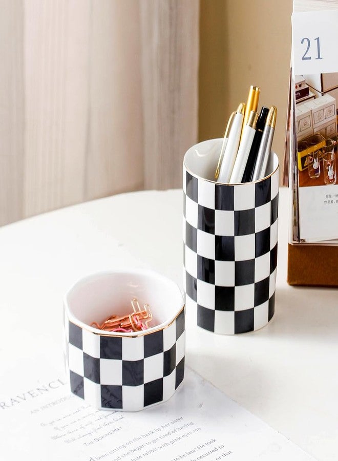 YOSCO Aesthetic Desk Organizer Set of 2 For Office, Pen Holder and Paper Clip Holder Dispenser, Checkered Ceramic Cute Pencil Cup Pot, Desktop Accessories, Office Decor, Ideal Gifts (Black) - Image 2