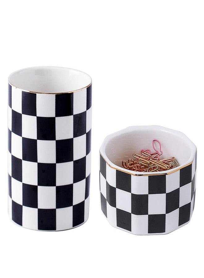 YOSCO Aesthetic Desk Organizer Set of 2 For Office, Pen Holder and Paper Clip Holder Dispenser, Checkered Ceramic Cute Pencil Cup Pot, Desktop Accessories, Office Decor, Ideal Gifts (Black) - Image 1