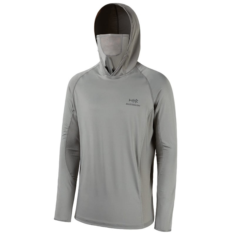 BASSDASH UPF 50 Mens Long Sleeve Fishing Shirt with Mask UV Neck Gaiter Hoodie Ash Grey Medium