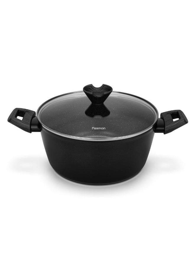Fissman Angela 24x11cm 4.2L Non-Stick Aluminium Stockpot With Glass Lid, Black Cooking Pot For Family Recipes - Image 1