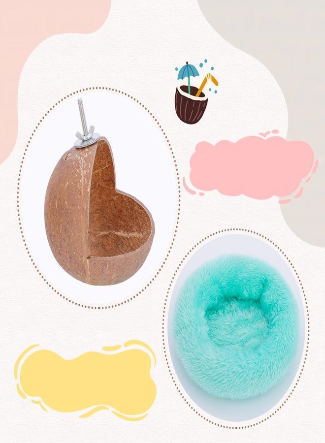 VTurboWay 2 Pack Natural Coconut Shell Parrot Hide Hut Habitat Decor Hanging Nest for Parrot Parakeet Lovebird Finch Canary (with 2 Pcs Warm Pad) - Image 4