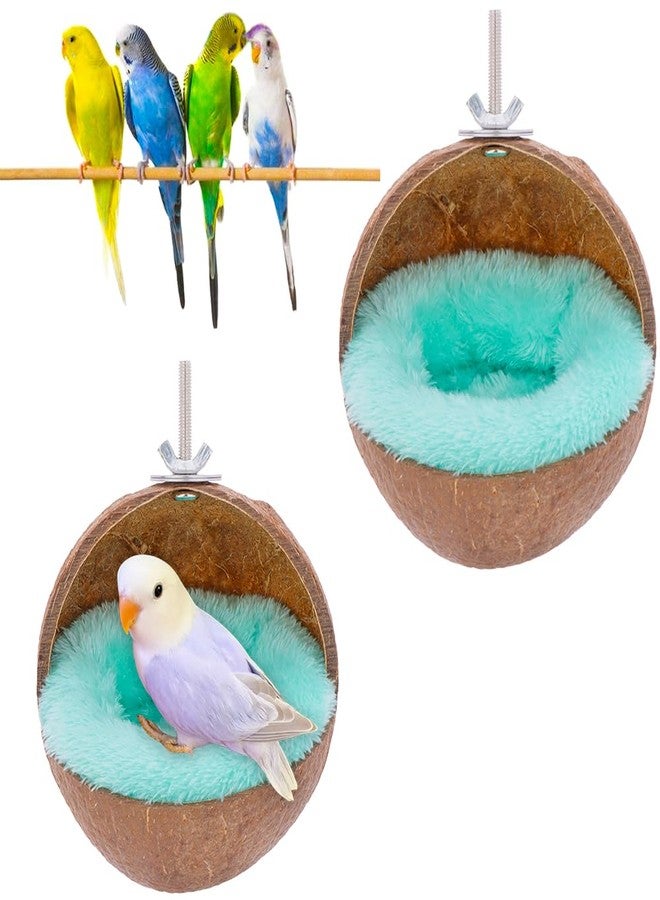 VTurboWay 2 Pack Natural Coconut Shell Parrot Hide Hut Habitat Decor Hanging Nest for Parrot Parakeet Lovebird Finch Canary (with 2 Pcs Warm Pad) - Image 1