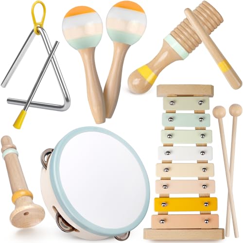 Rmischolar Baby Musical Instruments Toddler Musical Toys Montessori Wooden Xylophone Maracas Tambourine Percussion Set for 1 2 3 Year Old Kids Educational Music Learning Toys Birthday Gifts for Boys Girls - Image 1