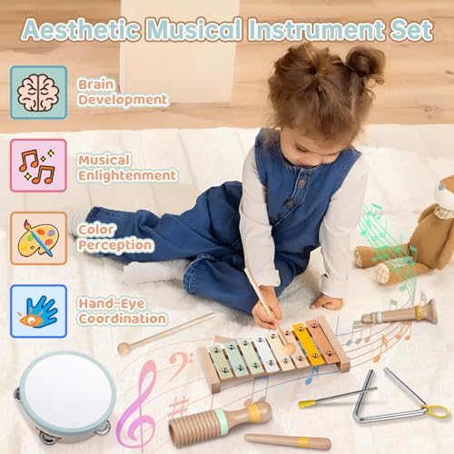 Rmischolar Baby Musical Instruments Toddler Musical Toys Montessori Wooden Xylophone Maracas Tambourine Percussion Set for 1 2 3 Year Old Kids Educational Music Learning Toys Birthday Gifts for Boys Girls - Image 5
