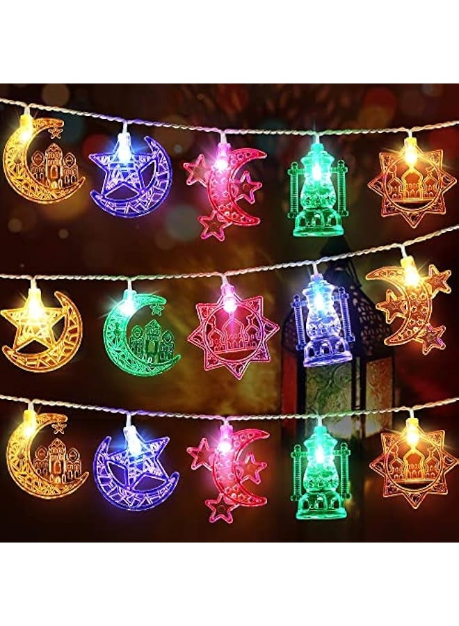 NIBEMINENT 1 Pack 16 ft Moon Star Ramadan String Lights 30 LEDs, Battery Operated Eid Mubarak Fairy Lights for Ramadan Decoration, Eid Decorative Lights with Remote Control (Colorful)  - Image 1