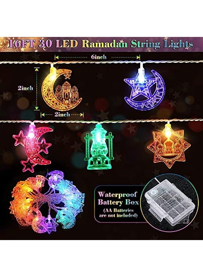 NIBEMINENT 1 Pack 16 ft Moon Star Ramadan String Lights 30 LEDs, Battery Operated Eid Mubarak Fairy Lights for Ramadan Decoration, Eid Decorative Lights with Remote Control (Colorful)  - Image 3