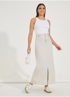 Solid Maxi Skirt with Front Slit & Pockets