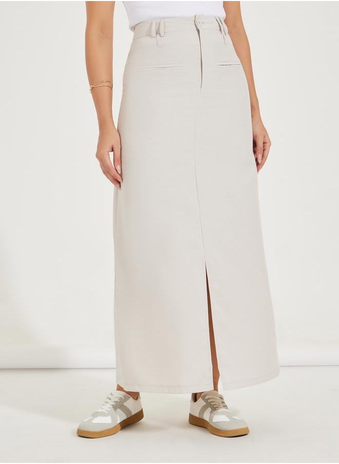 Styli - Solid Maxi Skirt with Front Slit & Pockets - Image 1