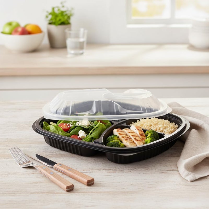 3 Compartment Plastic Meal Tray with Clear Lid, Disposable Microwave Safe Food Containers for Takeaway, Meal Prep, Delivery, Leak Resistant Black Base, (Pack of 10) - Image 4