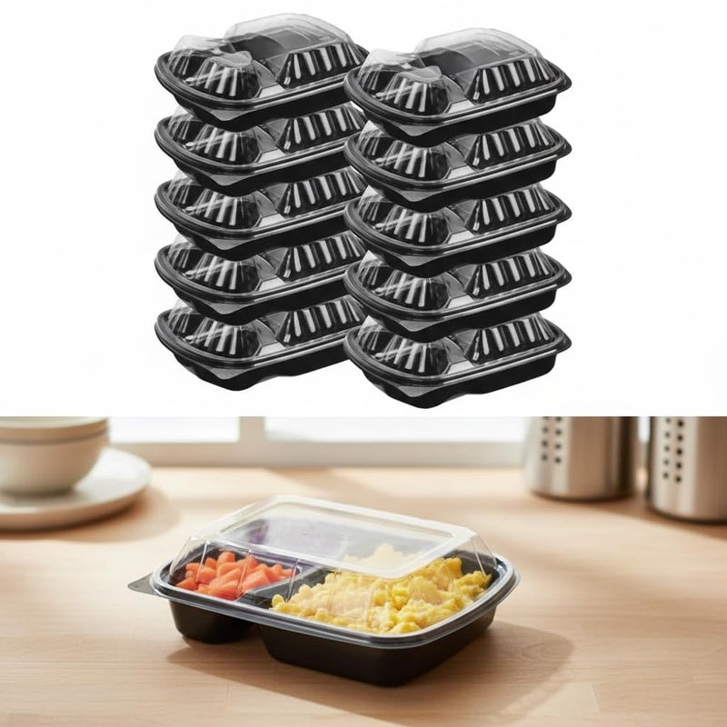 3 Compartment Plastic Meal Tray with Clear Lid, Disposable Microwave Safe Food Containers for Takeaway, Meal Prep, Delivery, Leak Resistant Black Base, (Pack of 10) - Image 2