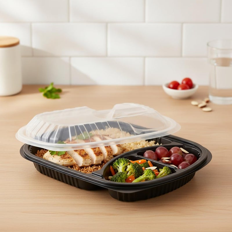 3 Compartment Plastic Meal Tray with Clear Lid, Disposable Microwave Safe Food Containers for Takeaway, Meal Prep, Delivery, Leak Resistant Black Base, (Pack of 10) - Image 3