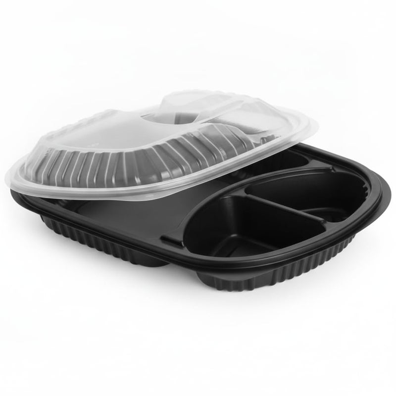 3 Compartment Plastic Meal Tray with Clear Lid, Disposable Microwave Safe Food Containers for Takeaway, Meal Prep, Delivery, Leak Resistant Black Base, (Pack of 10) - Image 1