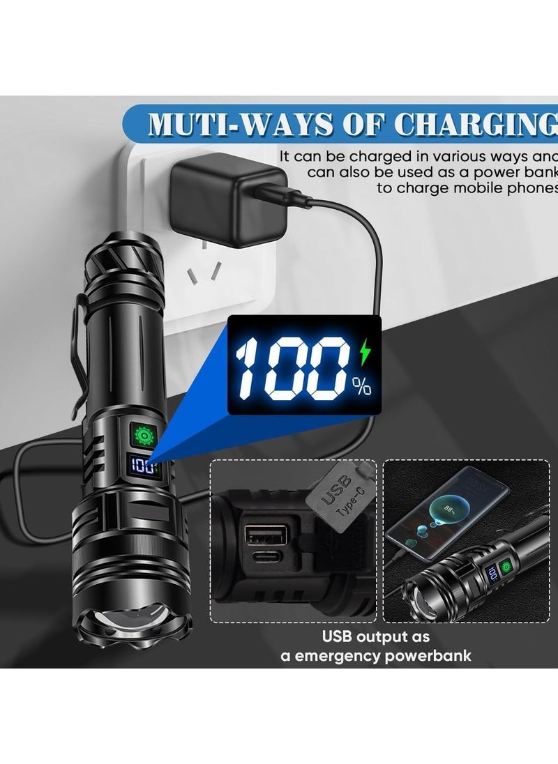 LED Torch Rechargeable Flashlights High lumens, Super Bright 200000LM Flashlight with Digital Power Display and 5 Modes, Waterproof Zoomable Flashlight for Emergency, Outdoor