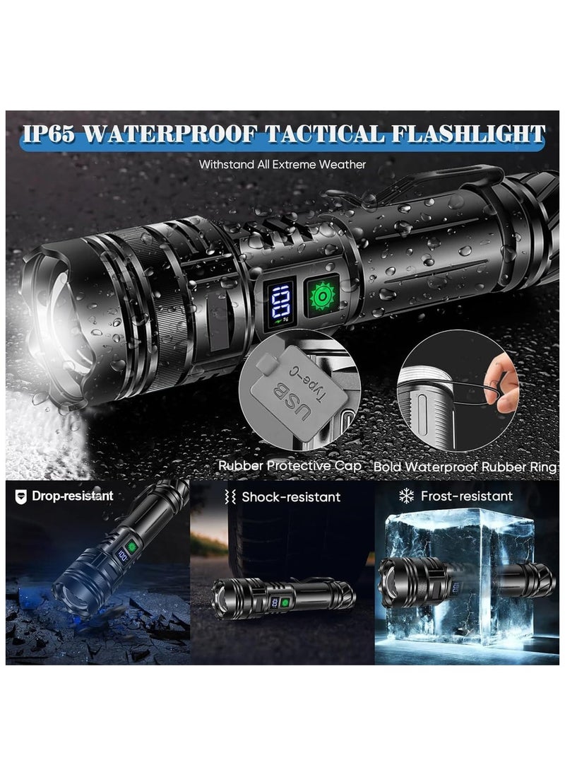 LED Torch Rechargeable Flashlights High lumens, Super Bright 200000LM Flashlight with Digital Power Display and 5 Modes, Waterproof Zoomable Flashlight for Emergency, Outdoor
