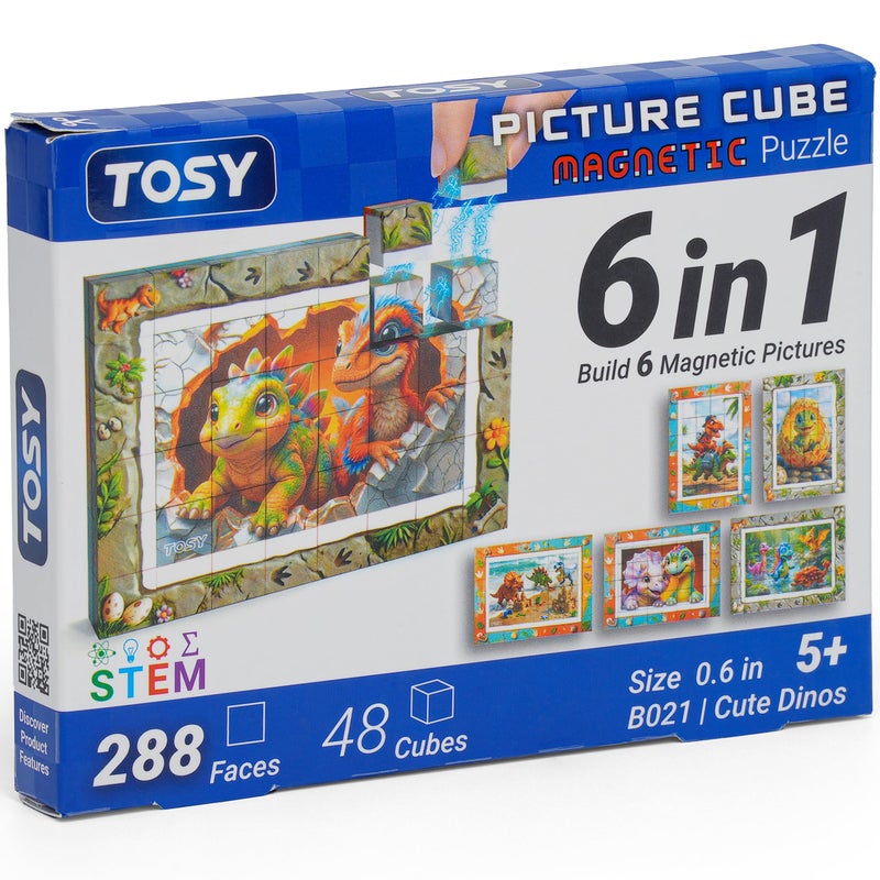 TOSY Picture Cube Cute Dino 6in1 Magnetic Picture Puzzle Easter Basket Stuffers STEM Gift for Kids Adults 48 Blocks 288 FacesMagnets 06 in B021 Seamless UV Art DisplayReady Frame - Image 3
