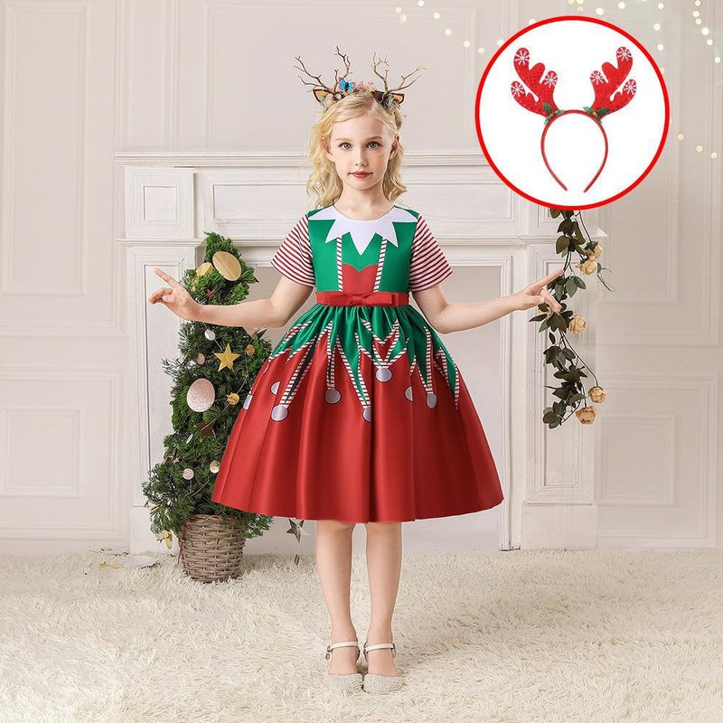 Girls Christmas Dress Christmas Dress Party Costume Childrens Cos Santa Claus Costume Princess Dress SD068-Red (with headband)