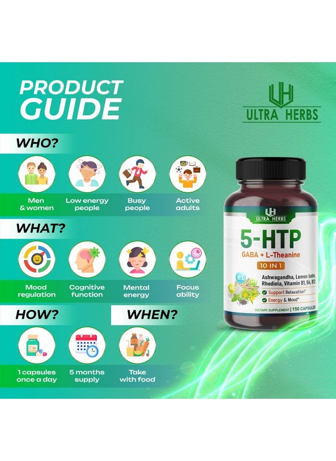 Health & Household - 5-Htp Supplement Enriched With Ashwagandha, L-Theanine, Gaba, Rhodiola | 10 In 1 Ultra Mood Support Complex For Calmness, Relaxation & Sleeps Quality | 150 Capsules - Image 1