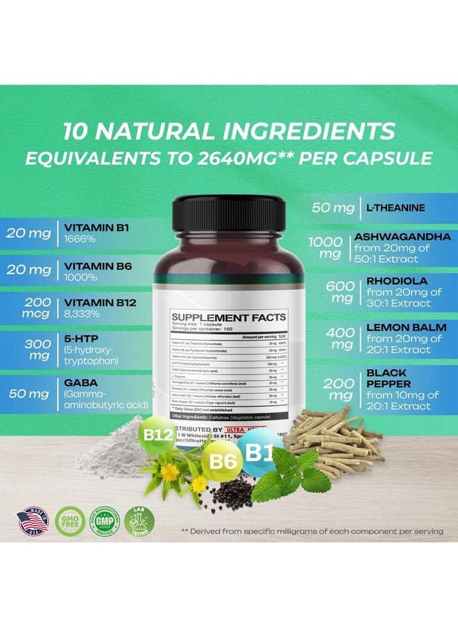 Health & Household - 5-Htp Supplement Enriched With Ashwagandha, L-Theanine, Gaba, Rhodiola | 10 In 1 Ultra Mood Support Complex For Calmness, Relaxation & Sleeps Quality | 150 Capsules - Image 1