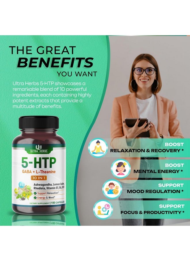 Health & Household - 5-Htp Supplement Enriched With Ashwagandha, L-Theanine, Gaba, Rhodiola | 10 In 1 Ultra Mood Support Complex For Calmness, Relaxation & Sleeps Quality | 150 Capsules - Image 1