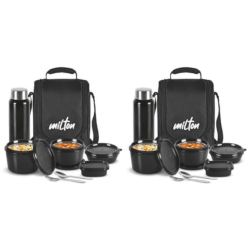 Milton Milton Pro Lunch Tiffin (3 Microwave Safe Inner Steel Containers, 180/320/450 ml; 1 Plastic Chutney Dabba,100 ml; 1 Aqua Steel Bottle, 750 ml, Steel Spoon and Fork) With Insulated Fabric Jacket, Black 